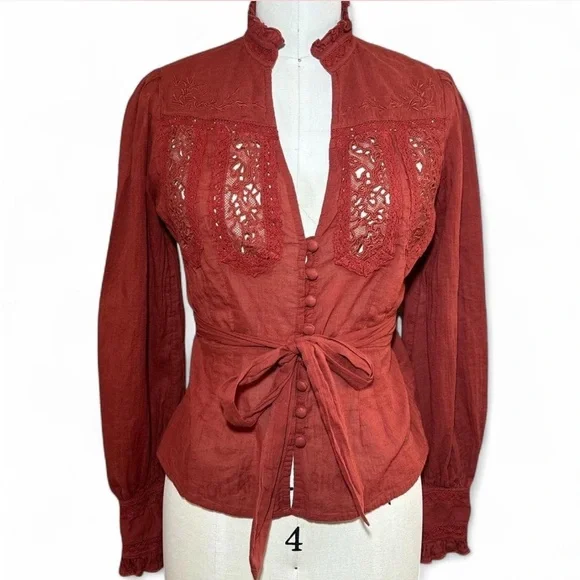 Free People Rust Lace Button-Up Blouse - Picture 2 of 7